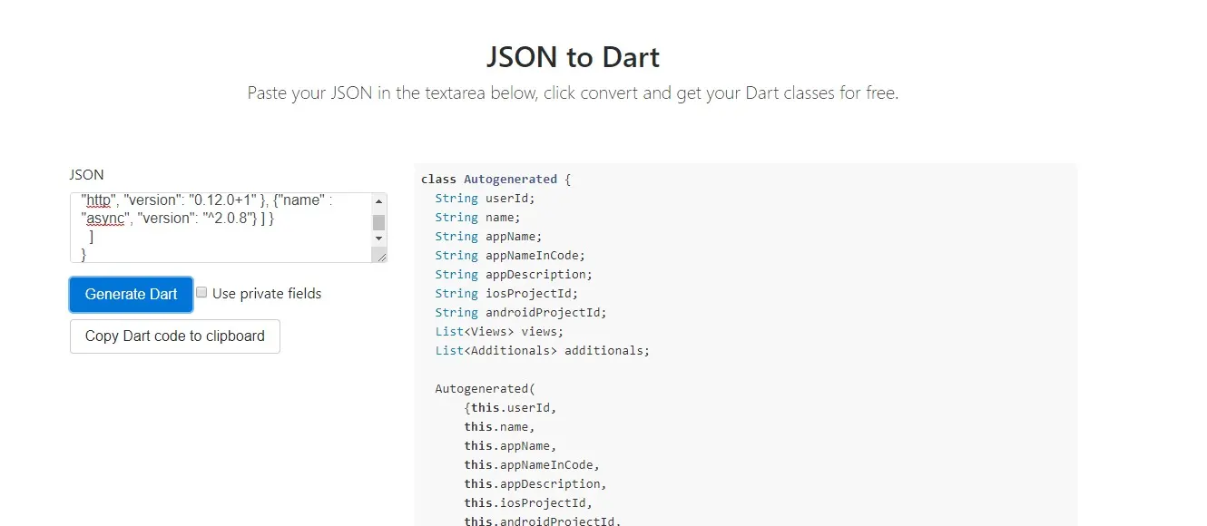 Json to Dart converter